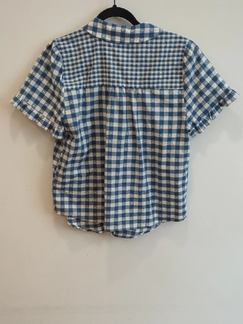 Cottage Coastal Western Lauren Conrad Blue White Gingham Ruffle Sleeve Top (S) - Picture 7 of 7